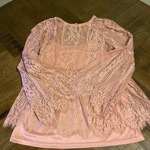 Ultra Pink Sheer Lace Long Sleeve Blouse